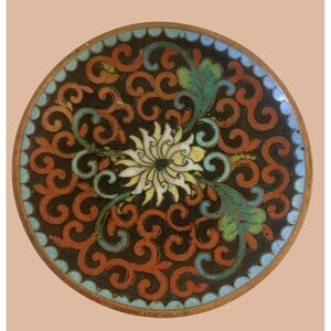 Chinese Cloisonne Lotus Tray Plate 3 inches Flowers Vintage Antique Round